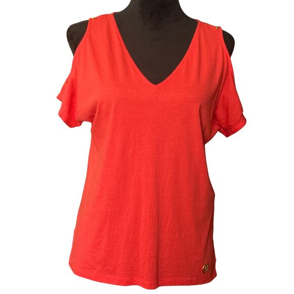 Michael Kors Womens Cold-Shoulder Red Top With Gold Button Details & Logo Accent - Picture 1 of 5